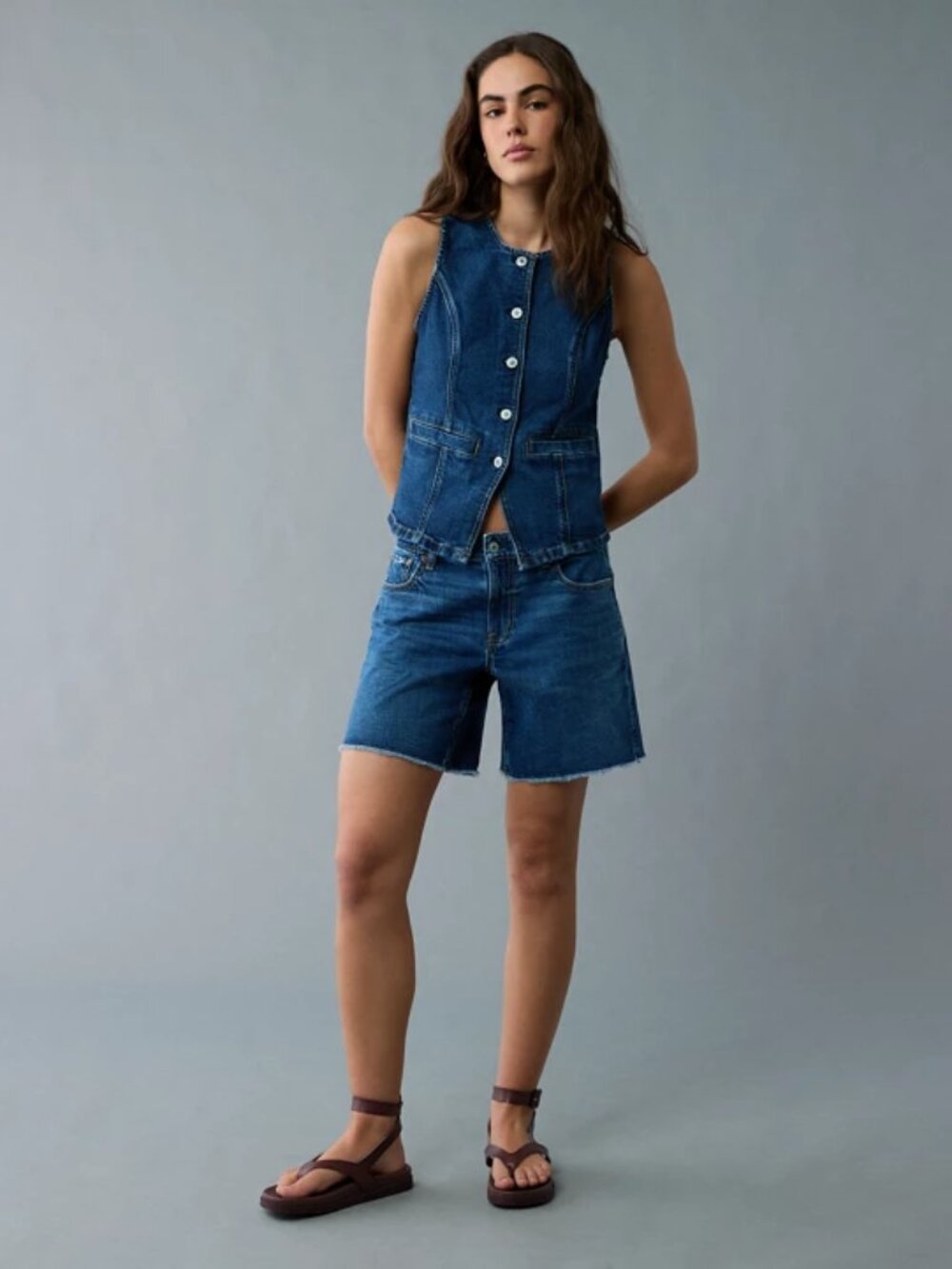 AE Crew Neck Button-Up Denim Vest (Dark Wash, Small)